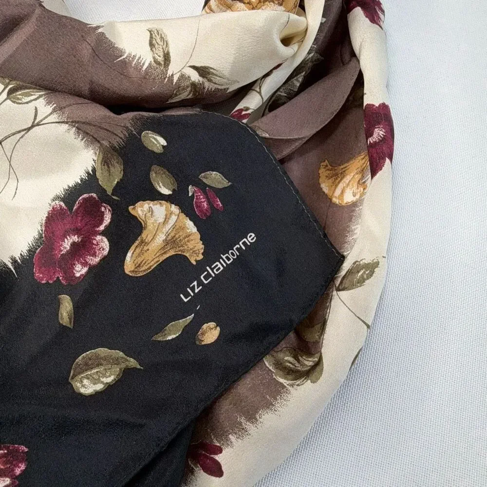 Liz Claiborne Vintage Silk Scarf Flowers Cream and Taupe